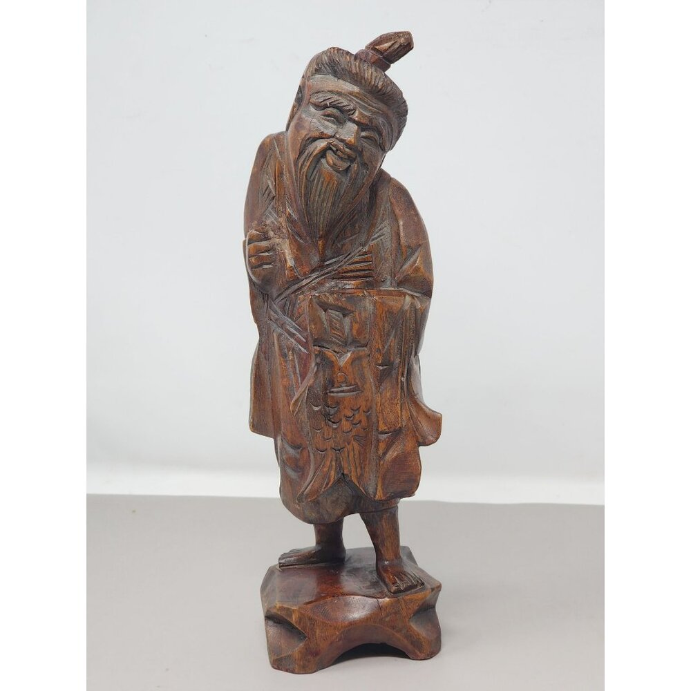 Vintage Chinese Hand Carved Wooden Happy Fisherman Sculpture